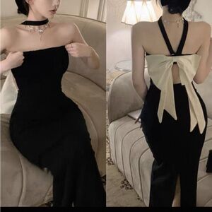 Elegant Black and Cream Halter Dress